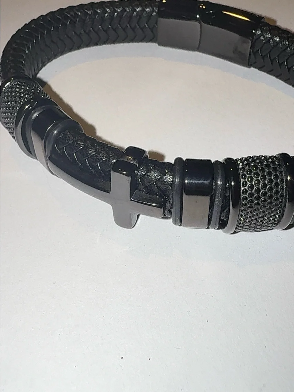 Men's Black Braided Leather Bracelet with Cross Accent